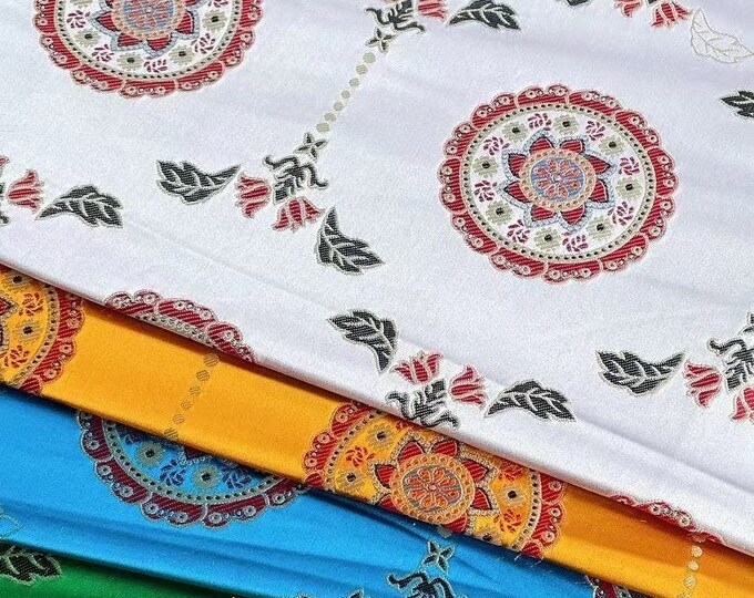 29.5"W Buddhism Minority Tibetan Damask, Silk Brocade Fabric, Upholstery, Decor, Costume, Curtain, Handbag, Sewing, DIY/Fabric by the meter