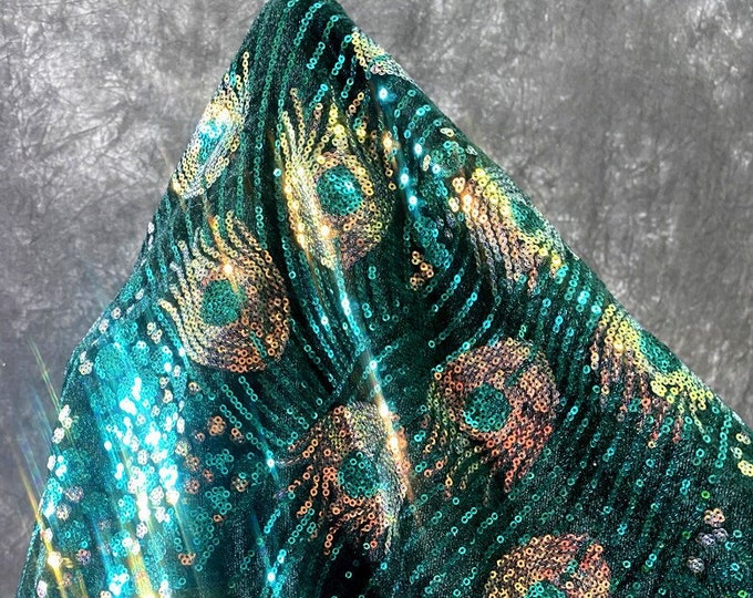 55“W Colorful Laser Peacock sequins Mesh Fabric, see through lace fabric, designer fabric, Prom Dress, Doll Making, Sewing, DIY, garment