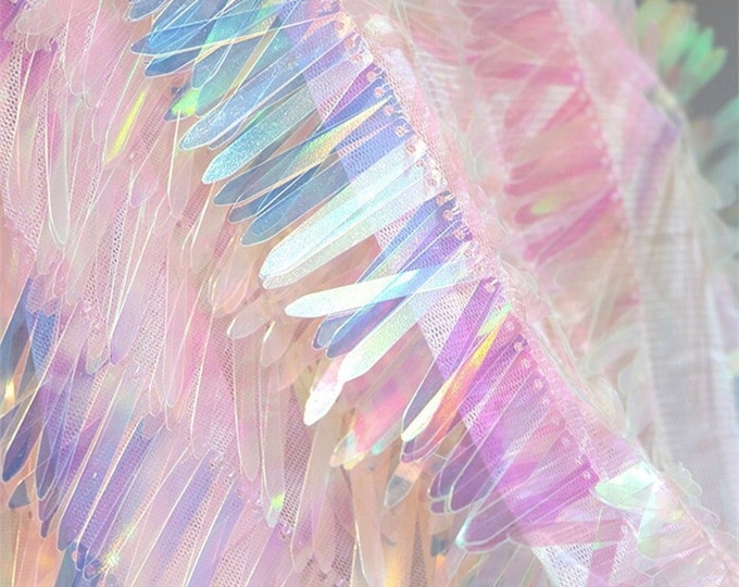 Fringed Shaped Illusion Pink Sequined tassel mesh Fabric, Upholstery, Decor, Sewing fabric, 49" W By 1 yard, dress, skirt, garment fabric