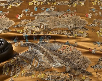 59"W Ancient Chinese Famous paintings pattern Silk Brocade, River on the Qingming Festival, 5 colors, Upholstery, Quilting,  Sewing fabric
