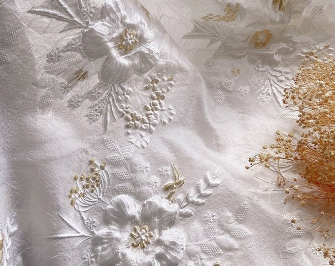 White Dandelion Lurex woven jacquard, 3D Gold shimmering embossed fabric, 57"W, Upholstery, Decor, Costume, Curtain, Sewing/Fabric by 1meter