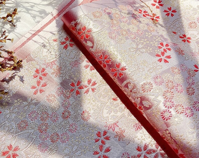 29.5” & 59"W Japanese Pink Fabric, Japanese Cherry Blossom kinran fabric silk brocade by meter, Kimono, Yukata, Belt, Geisha Bowknot Fabric