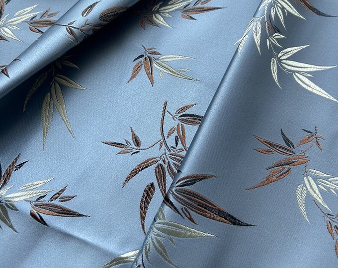 59"W Sky blue with brown Gold Metallic Bamboo Leaves & Flower Traditional Silk Brocade Fabric, Upholstery, Quilting, Sewing and drapery