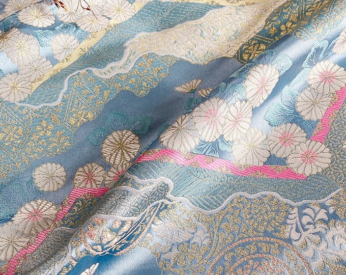 29.5" and 59"W Nishijin woven gold 襕 brocade, Jacquard flower silk brocade by the meter, Waistband, handbag, Upholstery and Sewing fabric