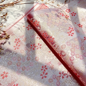 29,5” i 59” szer. Japońska różowa tkanina, japońska tkanina z jedwabiu brokatowego w kwiaty wiśni Kinran na metry, Kimono, Yukata, Pas, Tkanina z kokardą gejszy