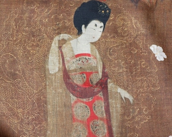 Ladies with hairpins pure Linen fabric, famous Tang dynasty painting, 55"W, Elegant antique style, Upholstery, Dress, Sewing, Decor/fabric
