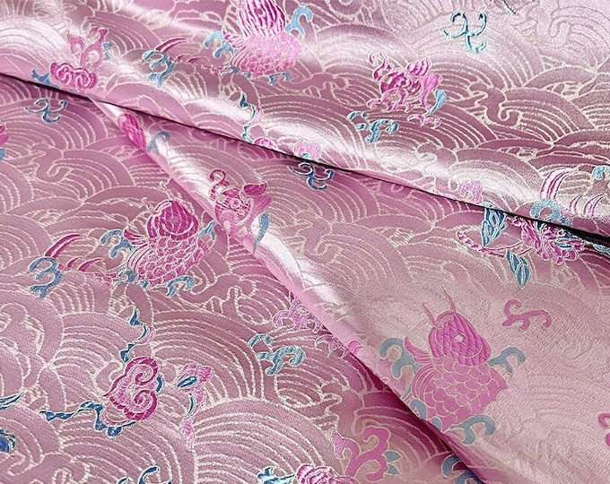 29.5"W Pure natural silk, lucky fish Silk Brocade, Jacquard mulberry silk Damask fabric, Decor, Costume, Sewing Cheongsam, Wedding