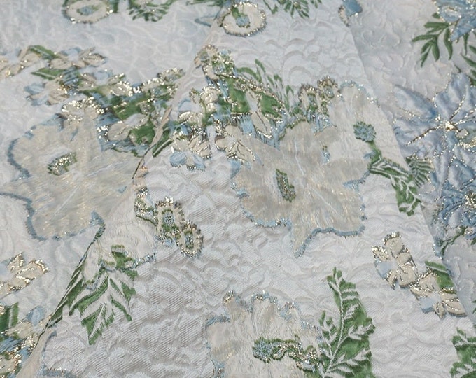 Blue green Jacquard Fabric 3D Gold thread Flower Design, 56" Wide, Upholstery, Decor, Costume, Curtain, Handbag, Sewing/Fabric by the meter