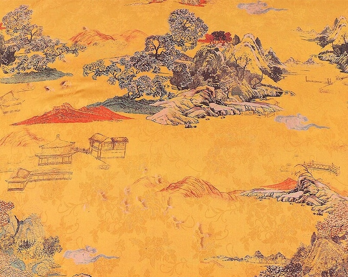 59"W Ancient Chinese landscape print fabric, Scarf, Upholstery, Decor, Costume, Curtain, Handbag, Sewing/Fabric by the meter