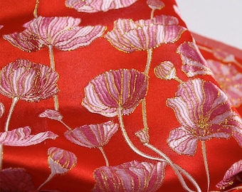 57” W Chinese Silk brocade Fabric, Lotus Jacquard damask Fabric, Upholstery, Decor, Costume, Curtain, Handbag, Sewing/Fabric by the meter