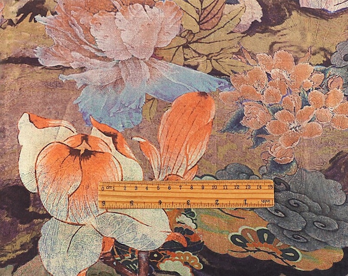 59"W ancient paintings Tea silk satin fabric, Digital print, 5 colors, Upholstery, Decor, Costume, Curtain, bag, Sewing, drapery, DIY/Fabric