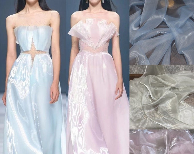 59"W Liquid high-gloss fairy fabric Reflective yarn Transparent mesh designer fabric, organza wedding, hanfu, dress fabric, lilac loyal red
