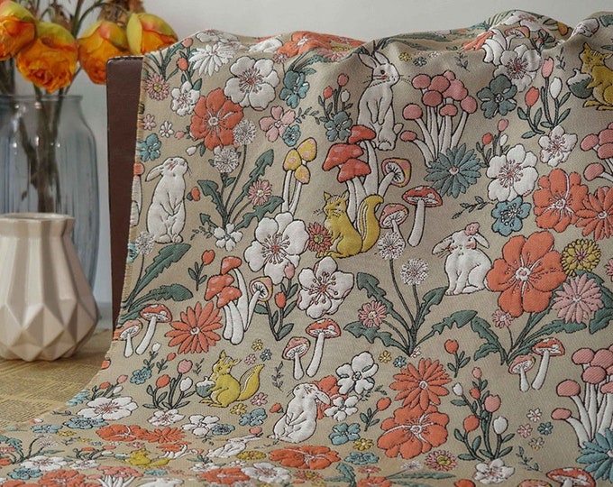 Reversible jacquard woven fabric, Rabbit mushroom with embossed effects, Upholstery, Decor, Costume, Curtain, bag, Sewing/Fabric, 57"W