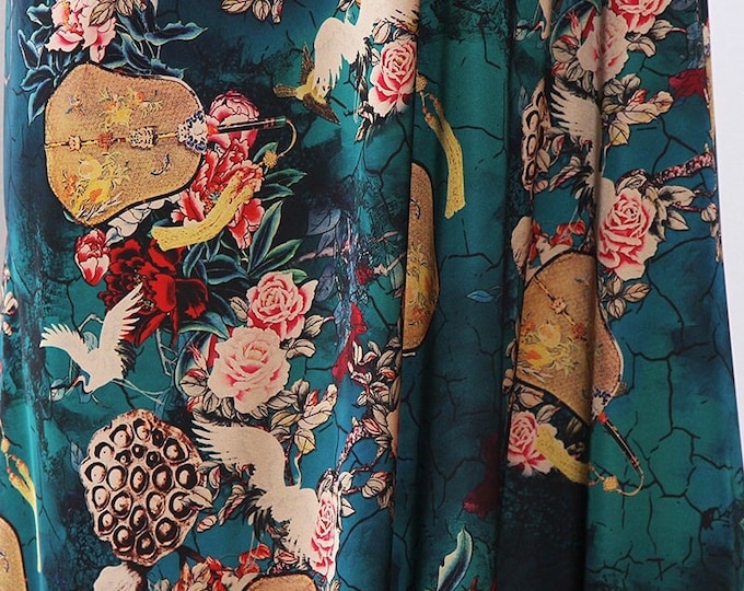59"W Jade green Tea silk satin fabric, Digital print, 3 patterns, Sewing fabric, Upholstery, Decor, Costume, Curtain, Handbag, Sewing/Fabric