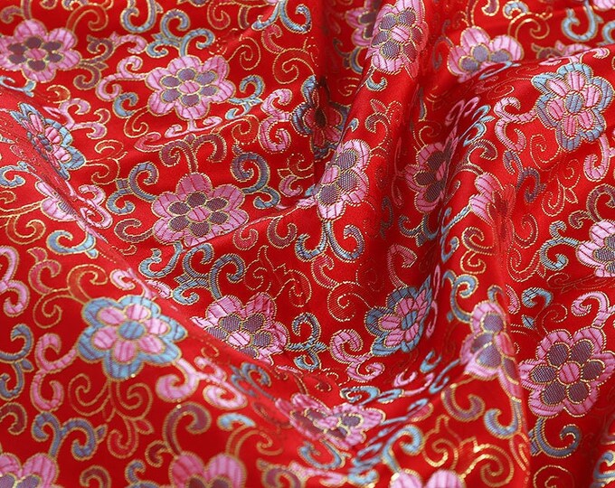 57"W vine flower Silk Brocade Jacquard Fabric, Decor, Table cloth, bed runner, Cheongsam, Upholstery, Costume, bag, Sewing/Fabric by 1 meter