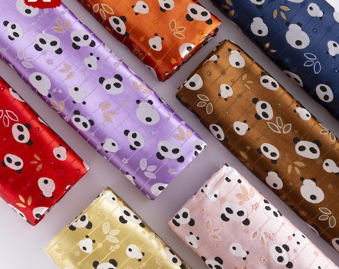 59" and 29.5" Width Cute Panda Brocade Satin Fabric With Bamboo Leaves| Japanese Style Home Decor, Chinese Sewing Brocade for Kids, Dolls