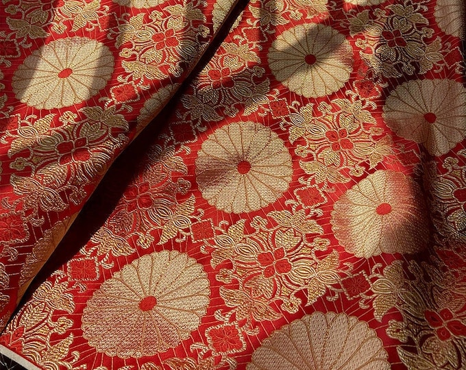 Lotus Brocade Fabric: 29.5"W Red & Gold Rayon Upholstery