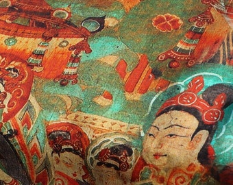 A Glimpse of Dunhuang Murals Asian Chinese Style, 55"W, Premium Quality Linen Fabric, Home Decor, Upholstery, Scarf and Sewing Fabric