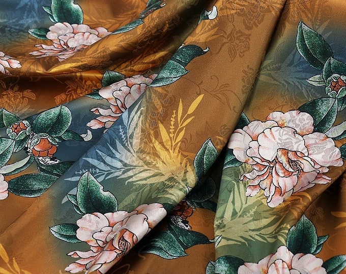 59"W Peony Tea silk satin fabric, Digital print, 3 colors, Sewing fabric, Upholstery, Decor, Costume, Curtain, bag, Sewing garments/Fabric