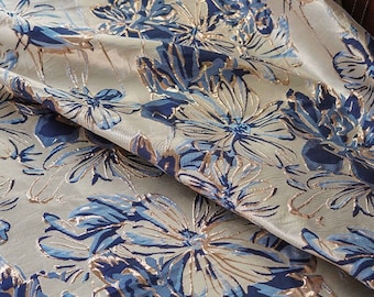 Gold Thread Blue Floral Jacquard Fabric: 59" Wide Embossed Upholstery
