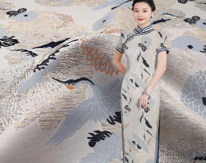 57"W Chinese classic pattern, Crane Jacquard Satin fabric, Retro Silk Brocade By The Meter, Home Decor Fabrics, Upholstery, Sewing, Qipao