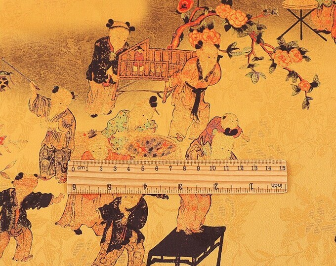 59"W Ancient Chinese baizi elements print fabric, Scarf, Upholstery, Decor, Costume, Curtain, Handbag, Sewing/Fabric by the meter