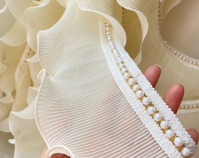 Ivory Folding Chiffon & beads curling Trim Pleated ruffled, Designer Fabric, Lolita, cuff, Events, Decor, wedding, Baby/fabric, 4.3" Width
