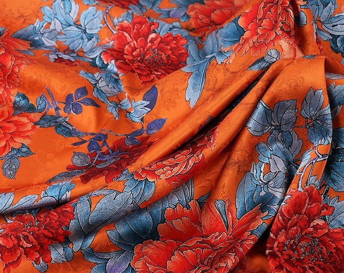 59"W Blooming Tea silk satin fabric, Digital print, 3 colors, Sewing fabric, Upholstery, Decor, Costume, Curtain, bag, Sewing, DIY/Fabric