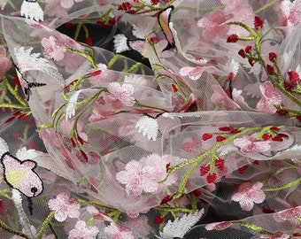 53“W Flower and bird embroidery lace Fabric, Tulle Floral Embroidery Exquisite Bridal, Wedding, Headband, Qipao, Doll Making Sewing fabric