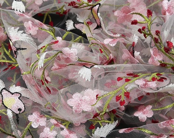 53“W Flower and bird embroidery lace Fabric, Tulle Floral Embroidery Exquisite Bridal, Wedding, Headband, Qipao, Doll Making Sewing fabric