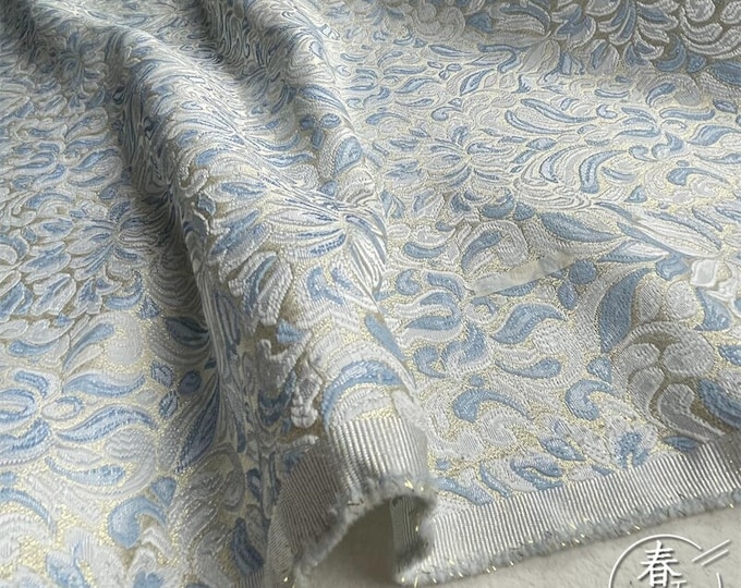 57"W Gold thread embossed Palace jacquard fabric, Damask, Upholstery, Decor, Costume, Curtain, Handbag, Sewing/Fabric by the meter