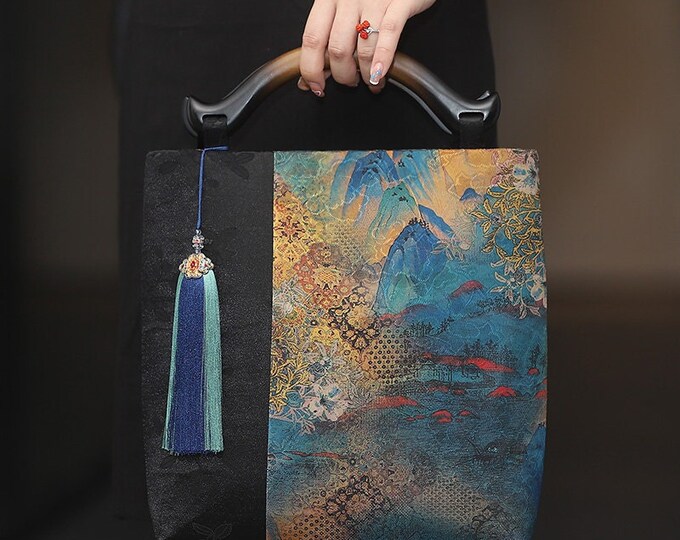 59"W Tang Dynasty famous paintings silk fabric, Digital print, 2 colors, Sewing, Upholstery, Decor, Costume, Curtain, Handbag, Sewing/Fabric