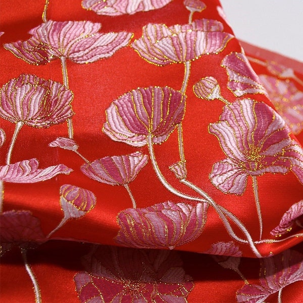 Lotus jacquardbrokaatstof: rode zijdemix, kostuum en decor - 57"W
