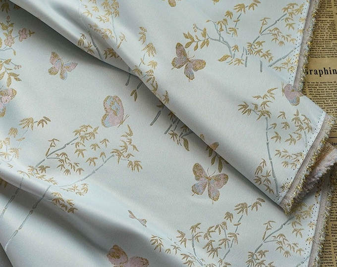 Gold thread song butterfly Nishijin Fabric, Japanese Kimono butterfly brocade by the meter, 60“W, Upholstery, Decor, Costume/by the meter