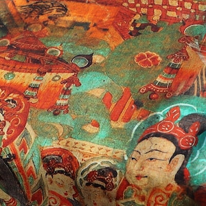 Uno scorcio di Dunhuang Murals Stile asiatico cinese, 55 "W, tessuto di lino di alta qualità, decorazioni per la casa, tappezzeria, sciarpa e tessuto per cucire