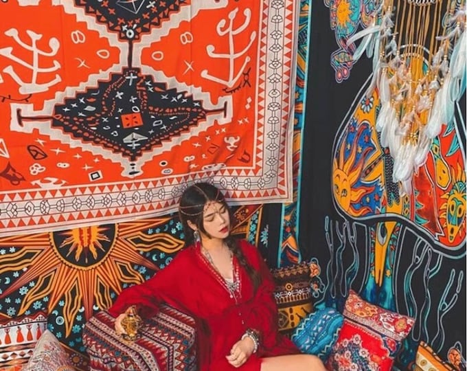 Mandala Hanging Cloth Tapestry fabric- Versatile Wall Decor, Sofa Throw, Tablecloth, Yoga Mat, and Beach Towel, printed fabric, 148*200cm