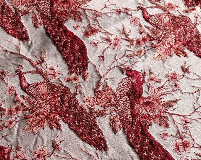 Red 3D Peacock woven jacquard fabric, embossed fabric, Upholstery, Decor, Costume, Curtain, Handbag, Sewing/Fabric, 56"W By 1 Meter