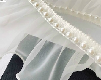 Crinkled lace Organza fabric, 6cm Wide Single side embroidery nail pearl, Designer Fabric, Wedding, Events, Decor, shape & Texture fabric