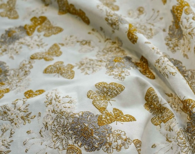 48"W Gold thread Butterfly Jacquard fabric, Designer Fabric, Upholstery, bouquet Decor, Costume, Curtain, Bag, Sewing/Fabric by the meter