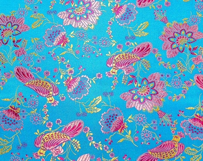 Silk Brocade Fabric Lotus bird, 45"W brocade Fabric By 1 Meter, Upholstery, Sewing, Costume, Decor, Curtain, Bags ,Wedding/Fabric, 12 colors