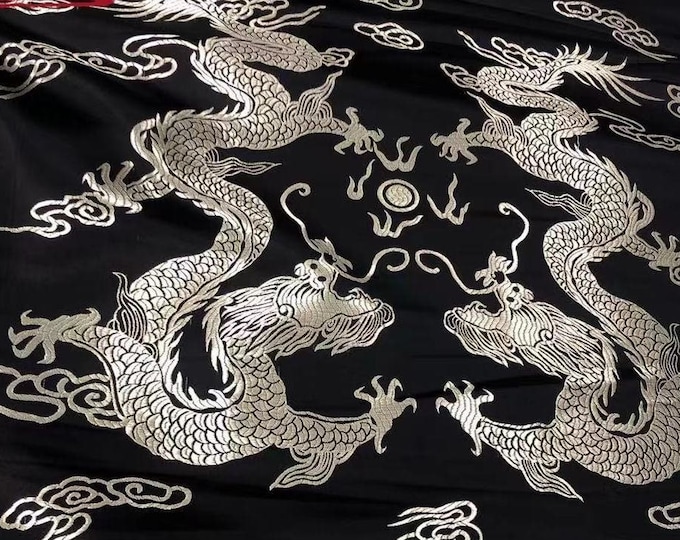29.5"W Damask Chinese Emperor Wedding Cheongsam Fabric, Embroidery Whole Dragon pattern, Upholstery, Quilting and Sewing Silk brocade fabric