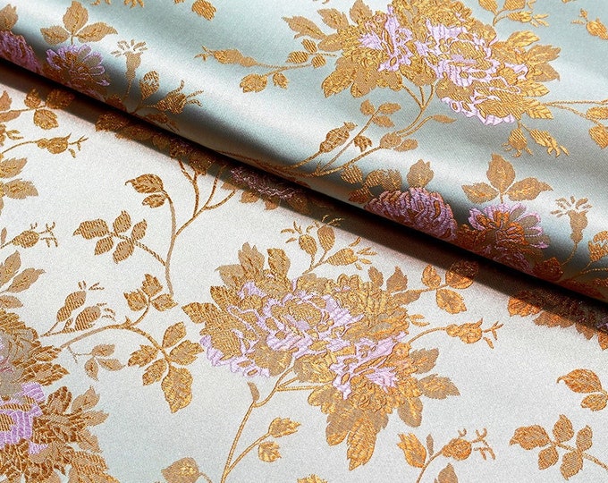 Silk Brocade Fabric Big Peony flowers, 45"W brocade Fabric By 1 Meter, Upholstery, Sewing, Costume, Decor, Curtain, Wedding/Fabric, 5 colors