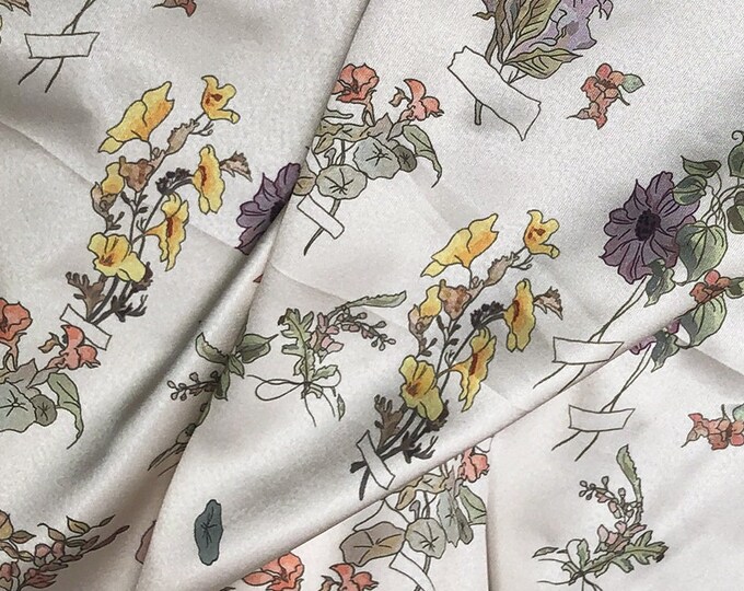 Beige Solid Soft Printed Elastic Satin Fabric, 59"W, crane pattern, Upholstery, Decor, Costume/Fabric by the meter, pajamas & robes, shawl