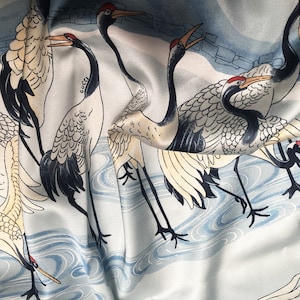 Blue Crane Print Satin Fabric: Soft Polyester Rayon Blend, 59&quot; Wide