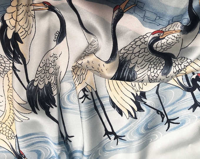 Blue Solid Soft Printed Elastic Satin Fabric, 59"W, crane pattern, Upholstery, Decor, Costume/Fabric by the meter, pajamas & robes, shawl