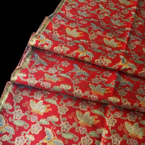 Tibetan Brocade Fabric: Butterfly & Lotus Embroidery, 28&quot; Wide