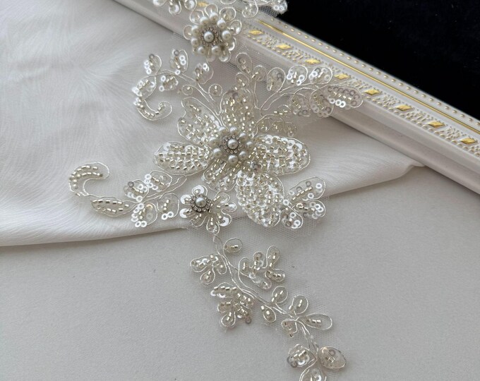 SILVER Sequin Embroidered Lace Appliqué Tulle – Bridal Veil Lace, Wedding Dress Lace, DIY Gown Decor, Beaded Mesh Lace for Costumes & Sashes