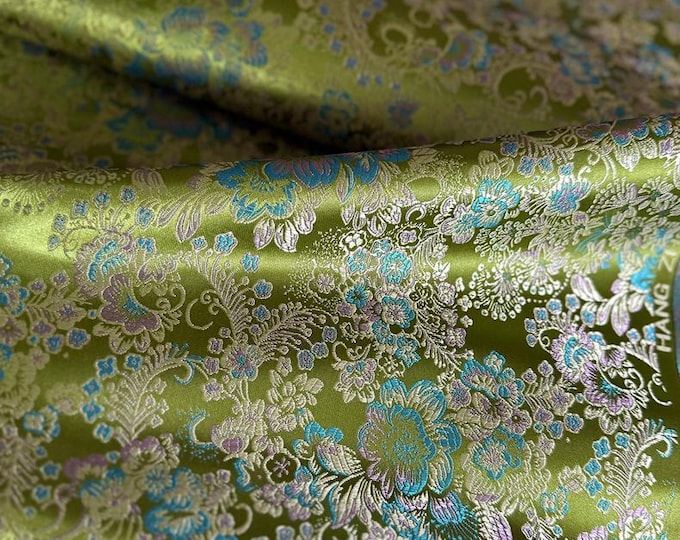 Green Brocade Jacquard Fabric: Chinese Kuilong Floral Vine Embroidered Satin