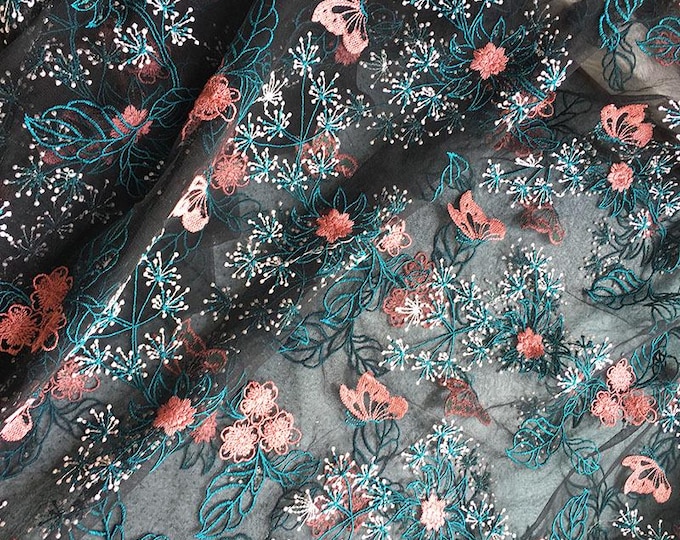 Women’s Dress Fabric – Heavy Lace Embroidery on Soft Nylon Mesh with Cherry & Floral Motifs, doll making, 51"Wide