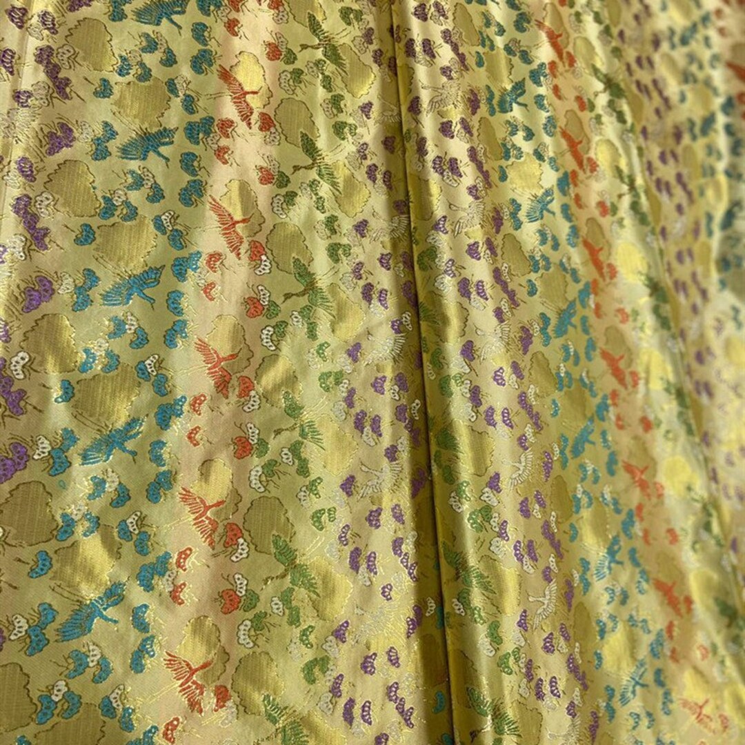 35w Autumn Green Birds Fabric, Chinese Crane Jacquard Satin Fabric